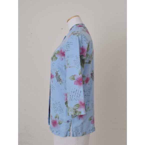 Vintage 90s Blue Floral Print Blouse by AKS Amy K Su | size S - Picture 2 of 10